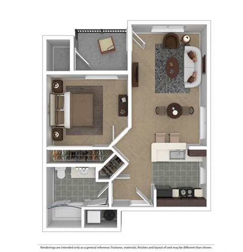 Floor plan for 1 bed, 1 bath, 596 sqft